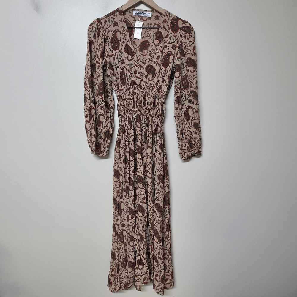 Lusana Anthropologie Smocked Prairie Paisley Boho Midi Dress XS NWT Cottagecore - Picture 4 of 14
